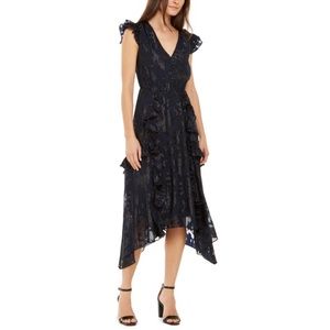 INC Navy Blue Black Metallic Floral Jacquard Ruffle A-Line Cocktail Midi Dress